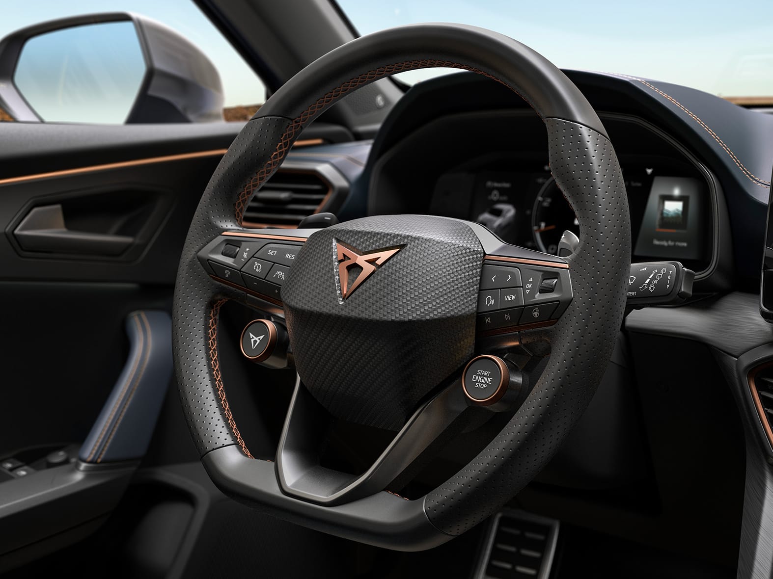 new cupra formentor compact suv steering wheel with copper stitching